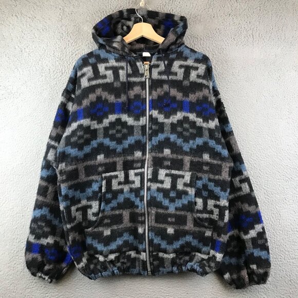 Vintage  Aztec Hooded Jacket With Zipper Front & Drawstring L - Picture 1 of 8